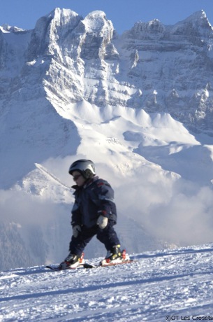 toddler learning to ski at les crossets ski resort