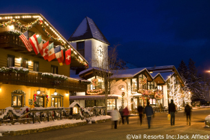 vail village at night, skiing colorado mountains